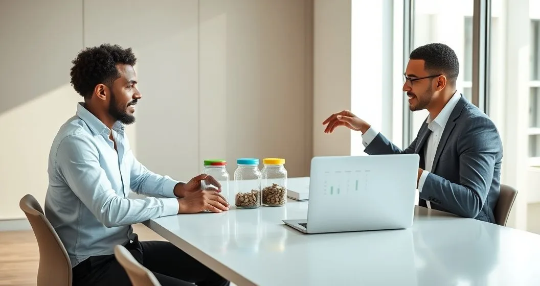 Two professionals at a clean desk with three savings jars and a laptop showing a color coded monthly grid and bar chart representing fluctuating income.