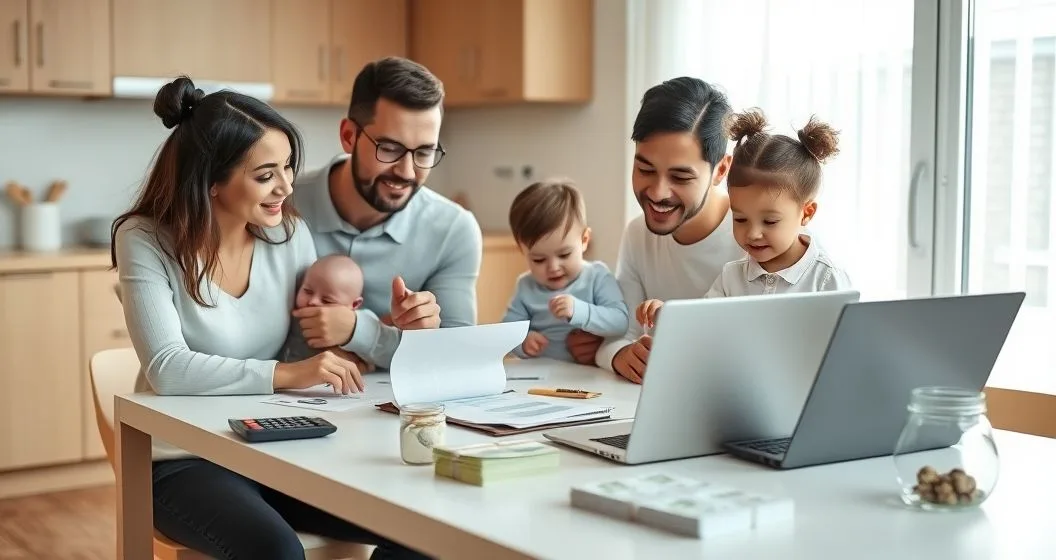 Diverse family at a modern kitchen table updating a budget on a laptop while caring for a newborn and toddler