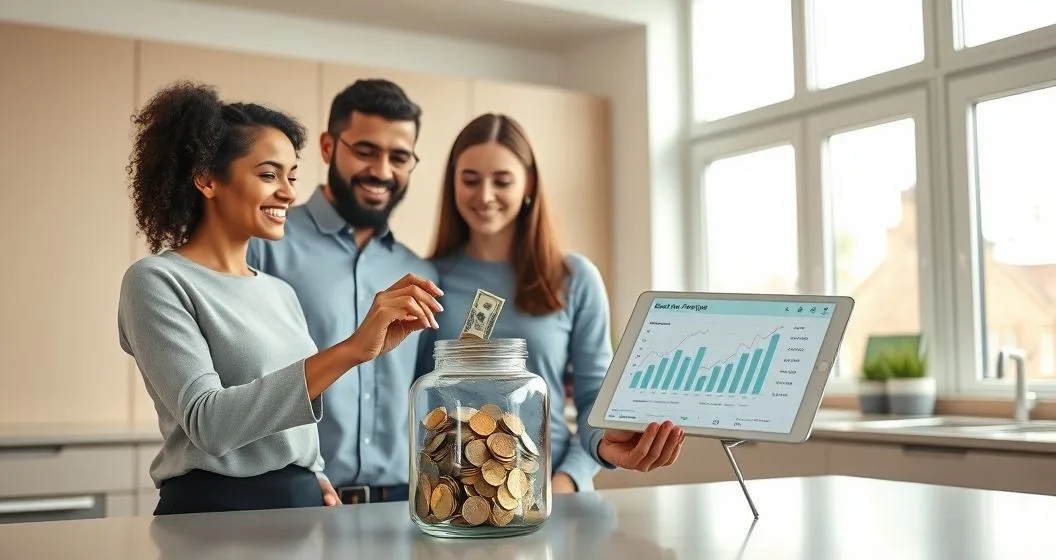 Diverse couple and advisor setting aside cash into a clear jar while reviewing a tablet with a savings progress bar