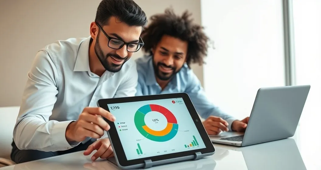 Two professionals review a tablet displaying a segmented circular gauge and small charts that represent a composite personal financial index in a minimalist conference room.