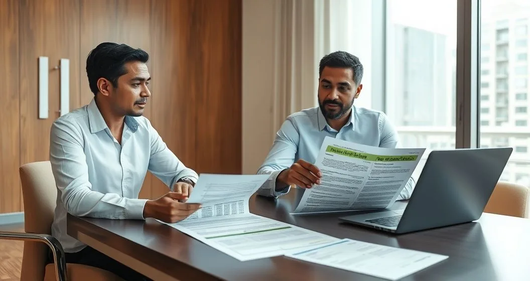 Tax professional and client reviewing a penalty abatement packet with documents and a laptop in a modern office