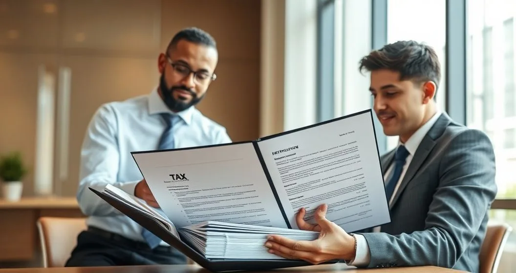 Tax professional and client organizing documents and a binder on a conference table to assemble an IRS case file