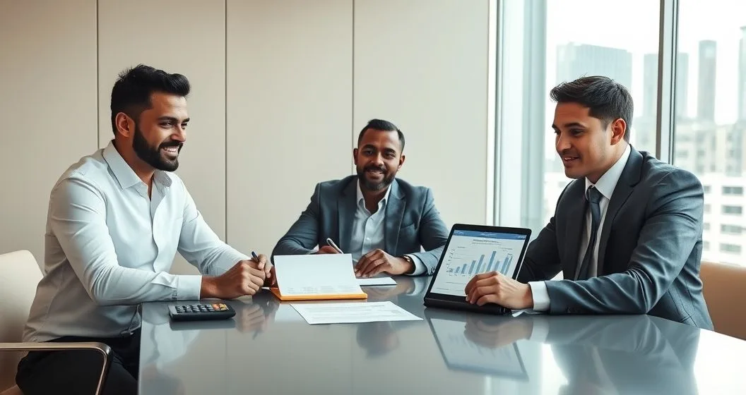 Diverse business owners and an attorney around a conference table signing a buy sell agreement with valuation documents on a tablet