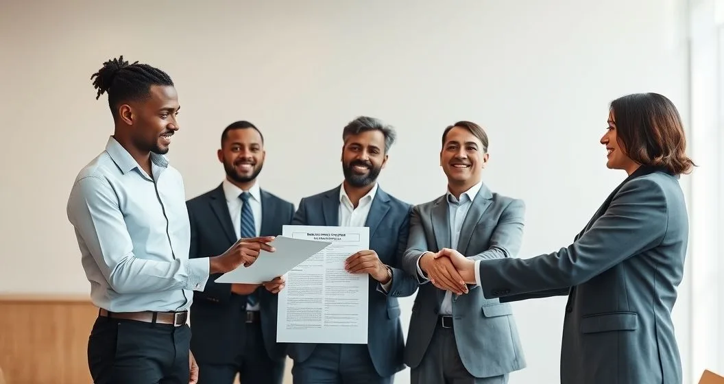 Business partners and advisor in a modern conference room reviewing an insurance policy and valuation on a tablet as two partners shake hands.