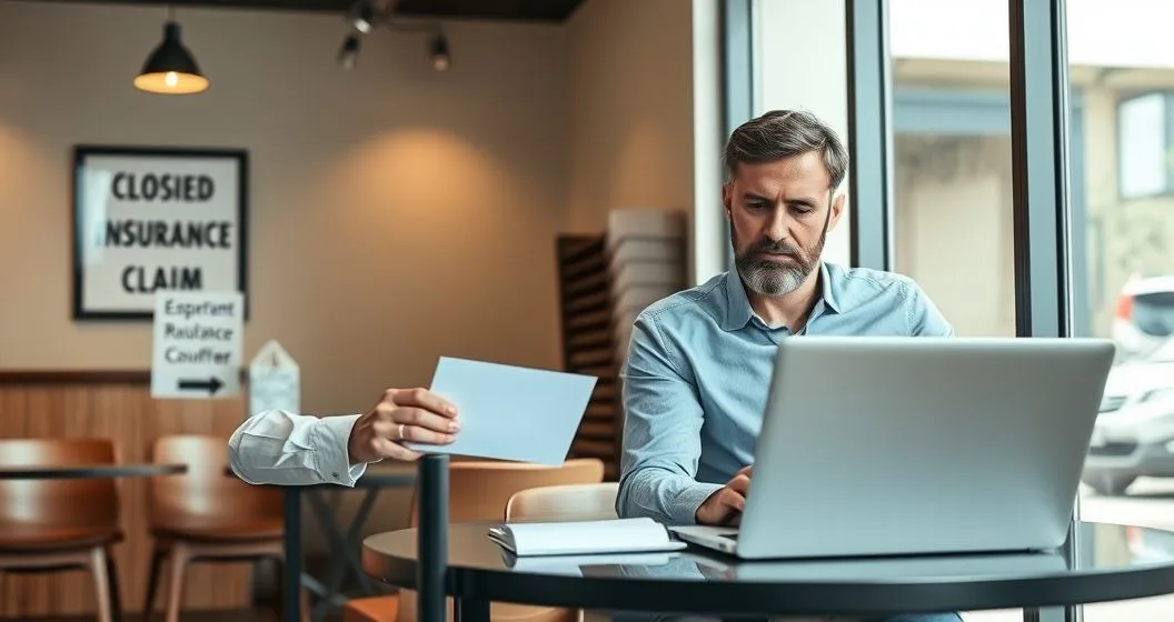 Small business owner and insurance agent in a closed cafe reviewing a claim with ledger and laptop present