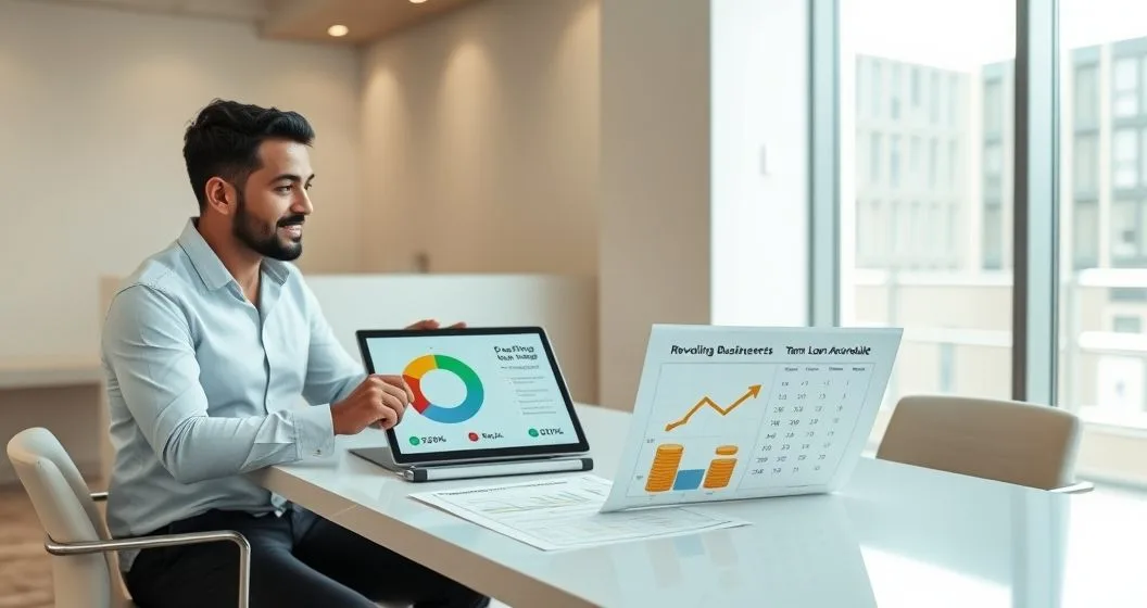 Advisor pointing to tablet with circular credit gauge while a sheet with stacked coins and a calendar lies on the table, diverse professionals in a modern office