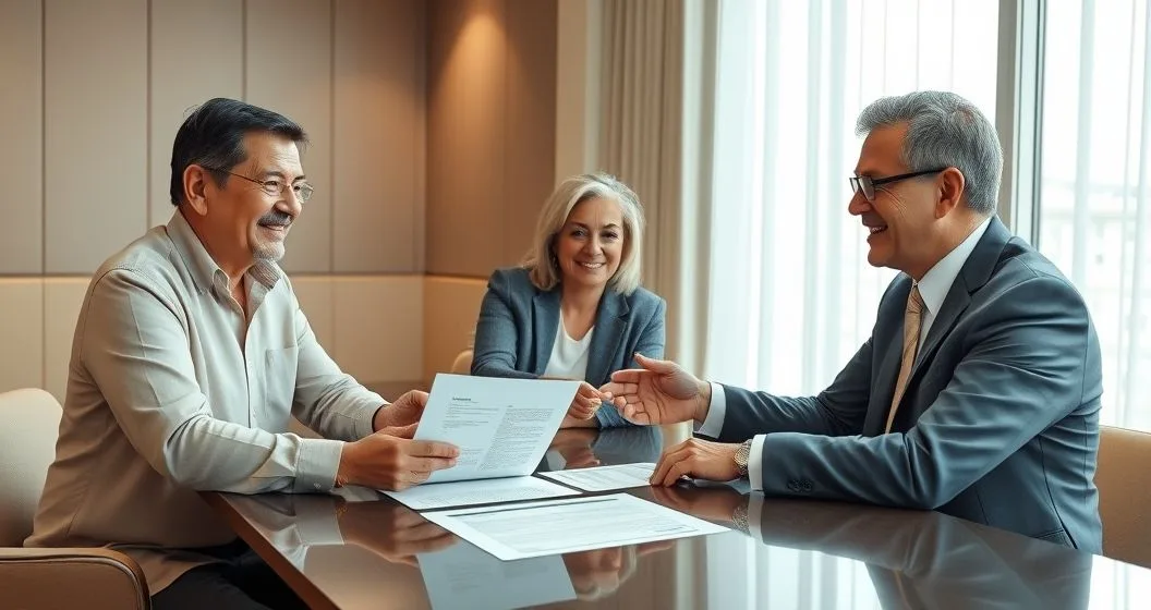 Financial advisor presenting a life insurance folder cash envelope and promissory note to multigenerational family owners in a modern conference room as they sign and shake hands.