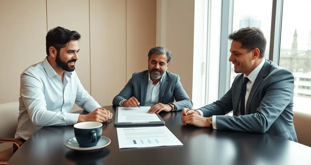 Family business owners and an attorney reviewing and signing a buy sell agreement with a tablet showing valuation
