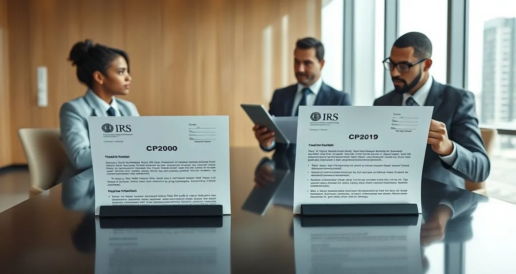 Tax advisor pointing to a CP3219 notice while a client listens and a second advisor shows CP2000 discrepancy on a tablet in a modern office