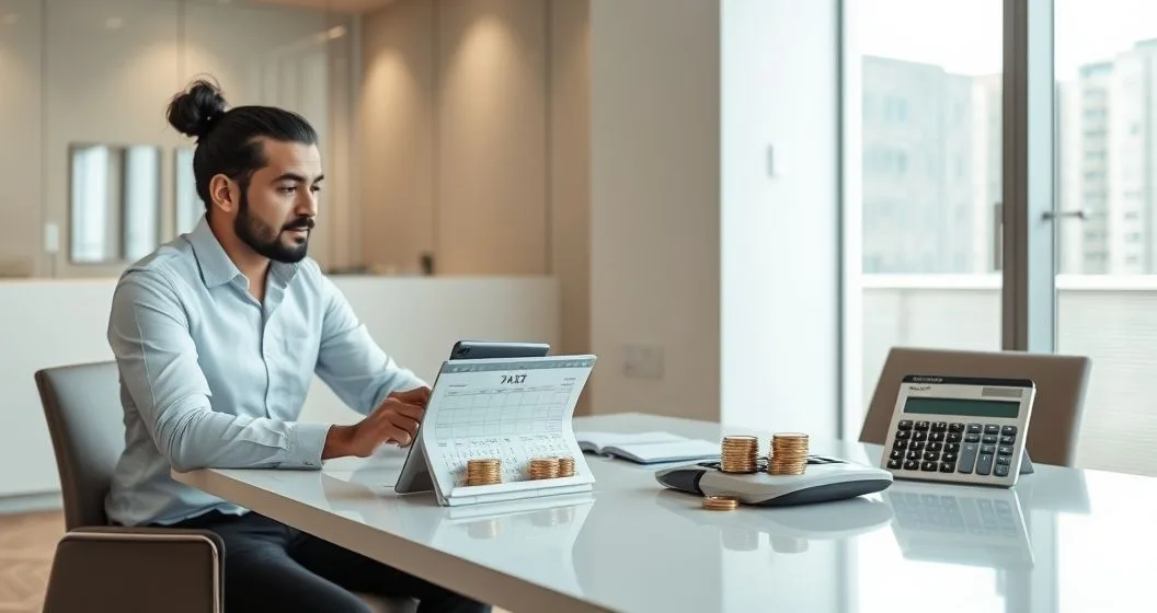 Tax advisor and client reviewing tablet, calendar, calculator and coin stacks representing daily compounding interest