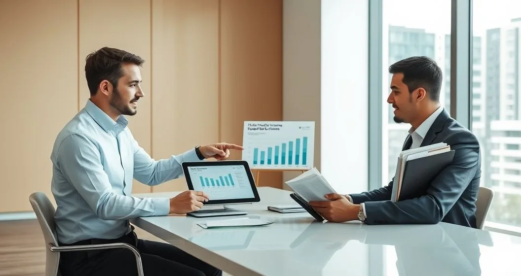 Tax advisor points to a tablet with a 12 month disposable income chart while client holds a calculator and receipts in a modern office.