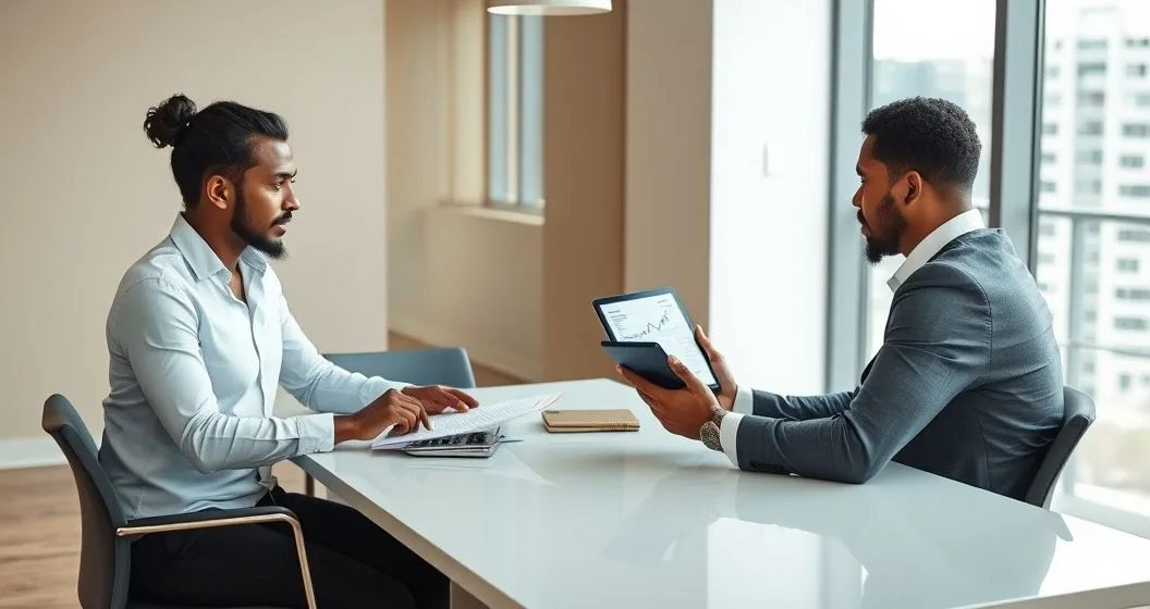 A tax advisor and a client at a clean conference table reviewing a printed tax statement and calculator while the client views a tablet displaying an upward trend; advisor points to the document indicating rising penalties and interest.