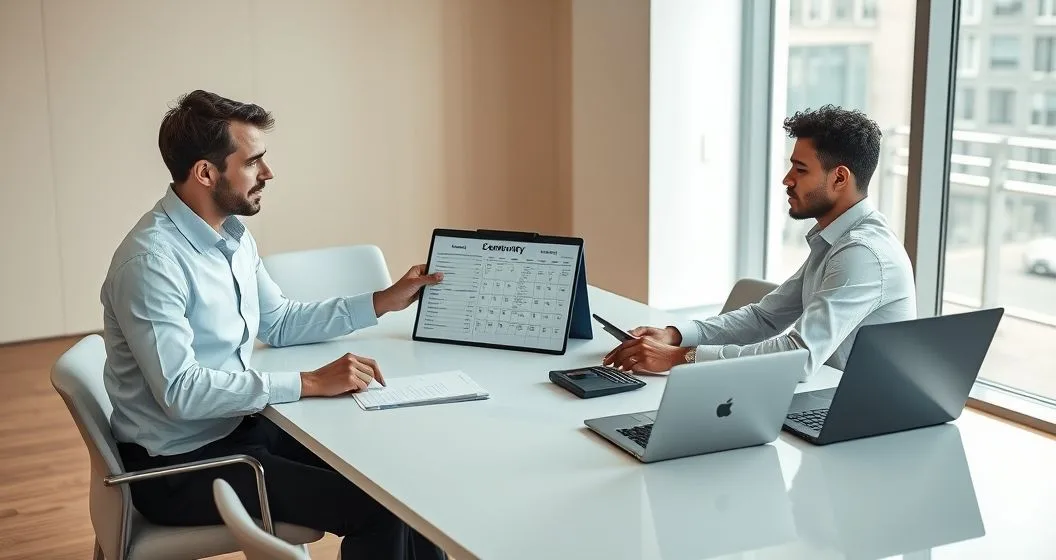 Advisor and client calculating quarterly estimated state tax payments at a clean office desk with laptop calculator and calendar
