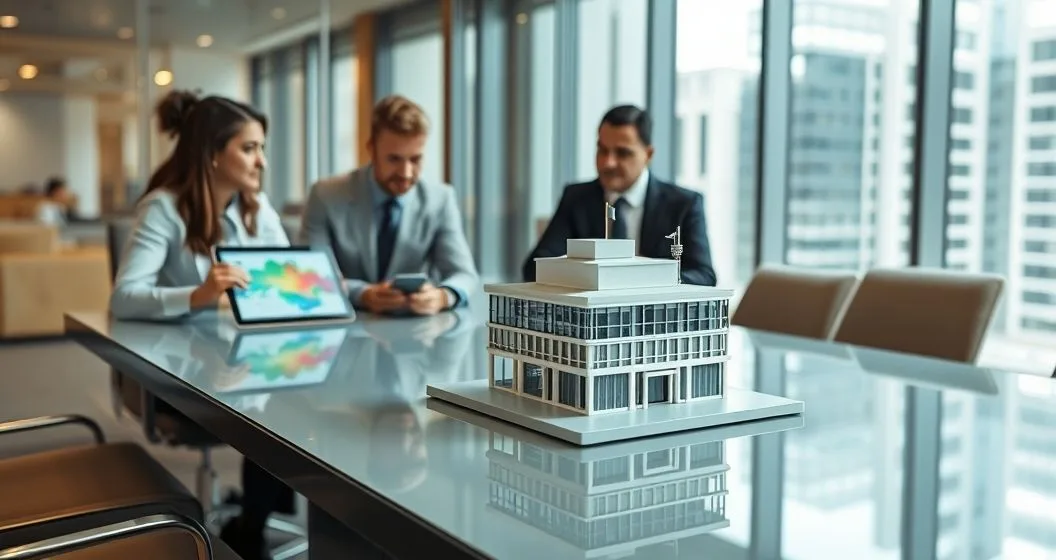 Diverse executives in a modern boardroom examine a scale model building and a tablet showing a risk map representing a business owned insurer
