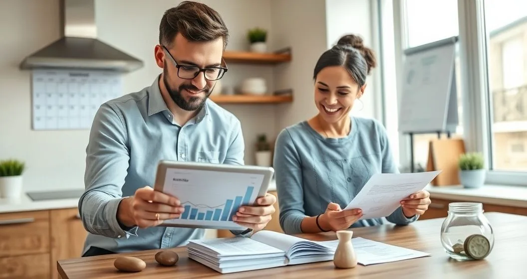 Two adults at a kitchen table reviewing a tablet with cash flow graphs next to invoices and a small cash reserve jar