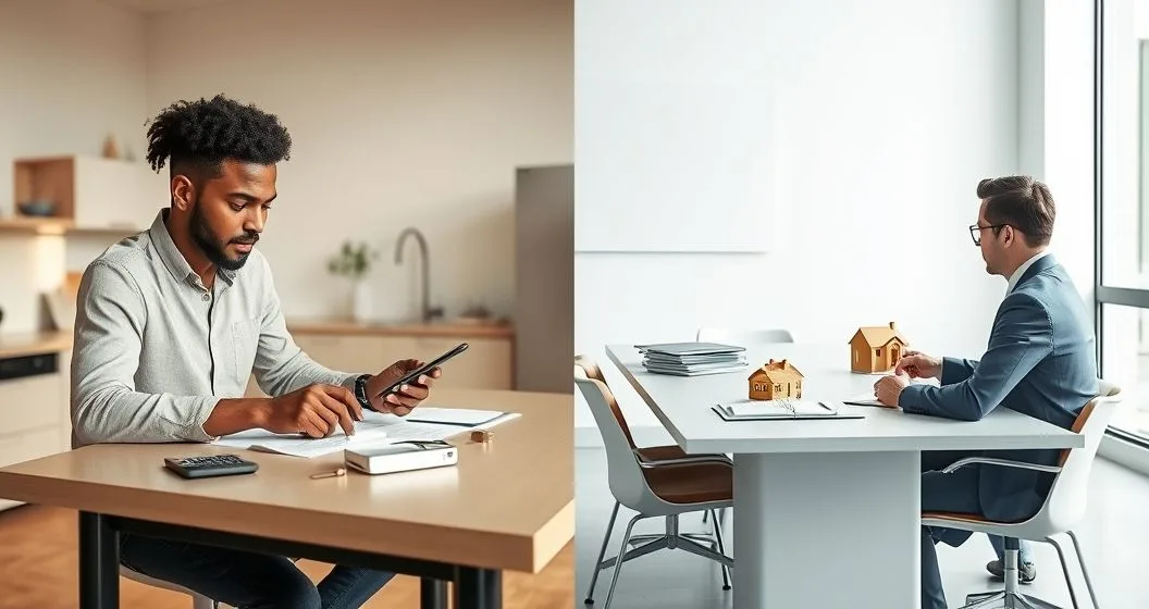 Split image showing left a person managing monthly cashflow at a kitchen table with phone calculator and receipts right a financial advisor explaining net worth with a miniature house stacked coins and folders at a conference table