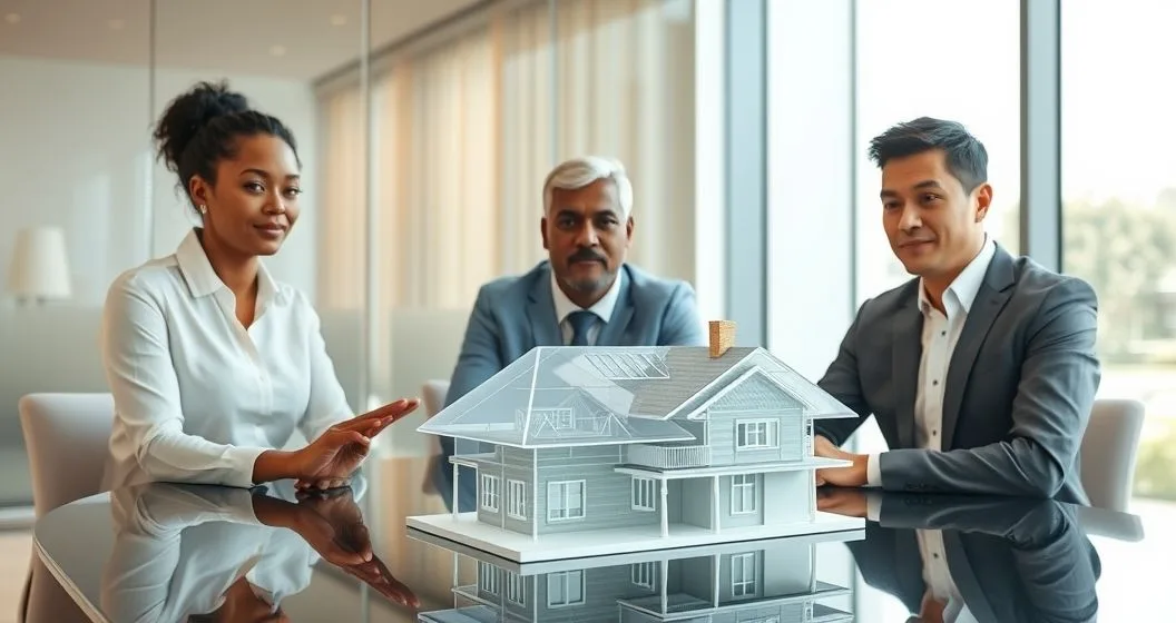Insurance advisor explaining layered coverage to homeowners using a translucent 3D house model with stacked protective shields in a modern conference room.