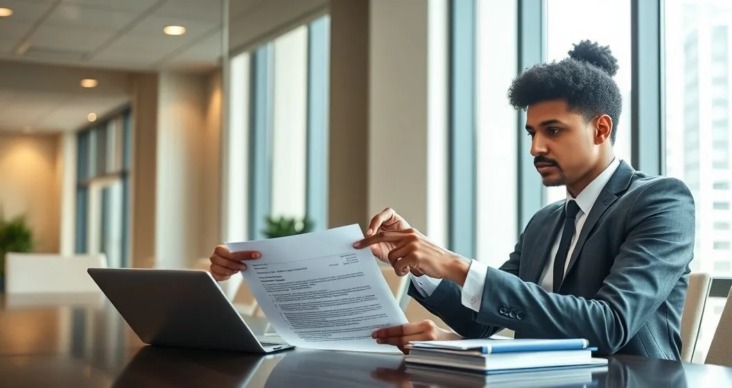 Tax advisor and diverse client reviewing a disallowance letter and supporting receipts at a conference table in a modern office