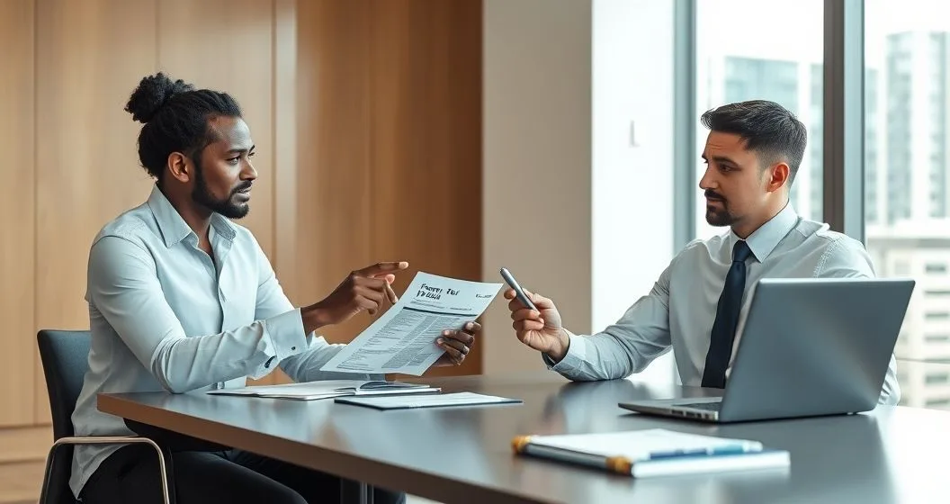 Tax attorney reviews Form 12153 with a client at a modern office conference table surrounded by documents and a laptop