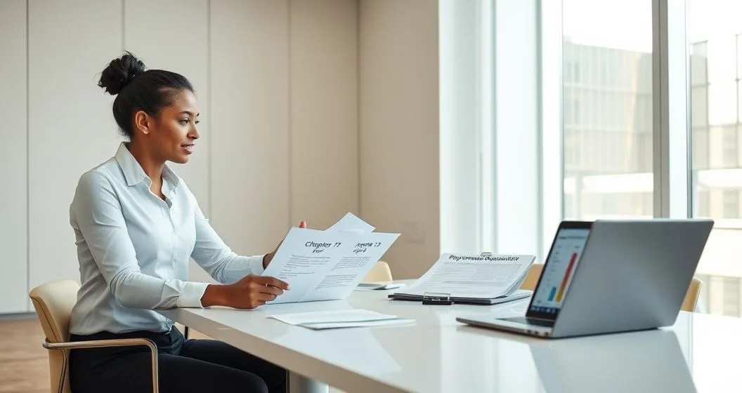 Financial advisor pointing at two folders labeled Chapter 7 and Chapter 13 on a conference table while a diverse client reviews documents and a laptop shows a repayment timeline