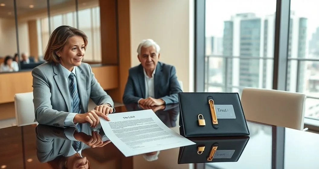 Attorney advising an older couple at a conference table with a folded will and a locked trust folder side by side to illustrate bequests and trust gifts