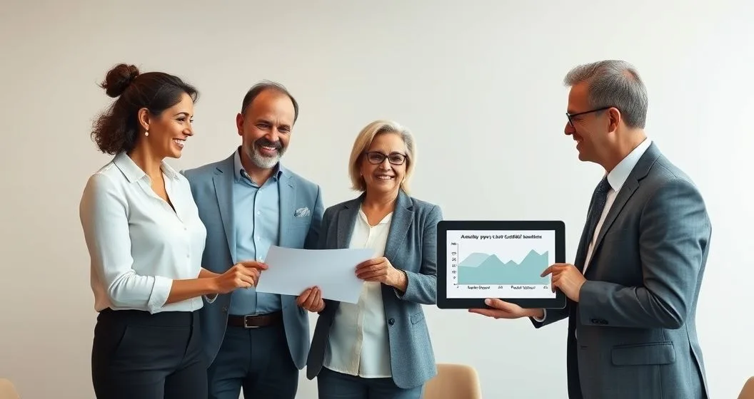 Donor couple transfers documents to a charity officer as a financial advisor points to a tablet chart showing annuity payments and charitable remainder in a modern office