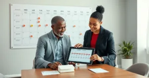 Financial advisor and client review a wall calendar and tablet timeline for scheduled charitable donations with an envelope and stock certificate on the table