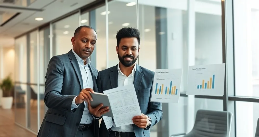 Business owner and financial advisor reviewing icons and charts for charitable giving vehicles and tax implications in a modern office.