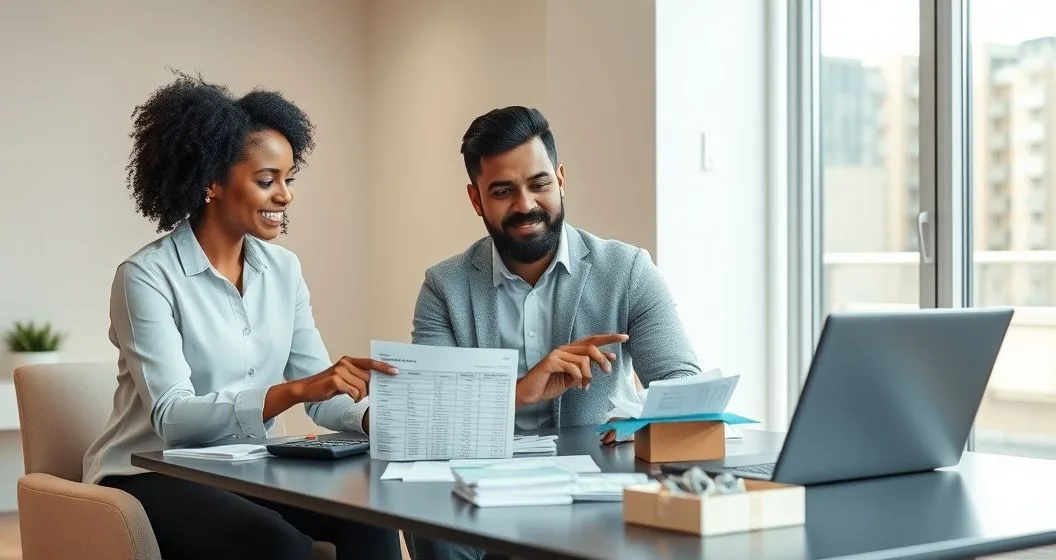 Advisor and client in a modern office reviewing donation receipts and a laptop spreadsheet with a calculator and a box of donated items on the table