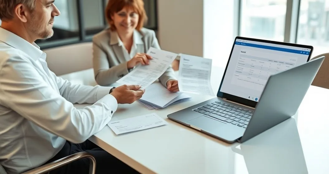 Tax advisor and donor reviewing donation receipts and a blurred laptop spreadsheet in a modern office