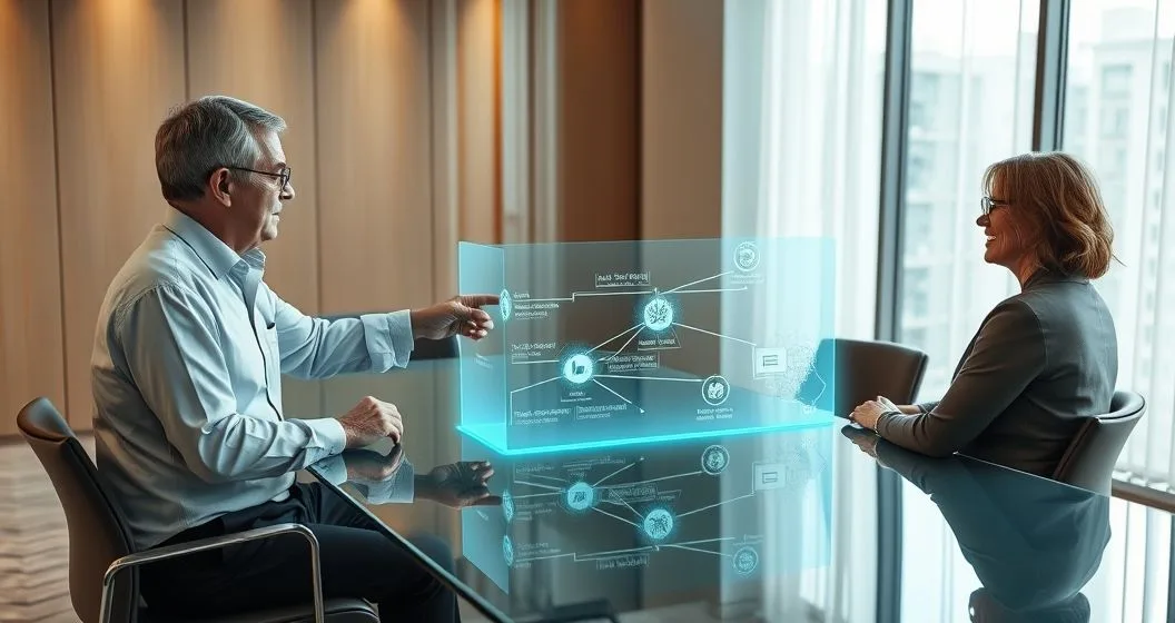 Financial advisor and estate attorney with an older couple viewing a tablet hologram that shows assets flowing to income for the donors and a remainder gift to a charity representative