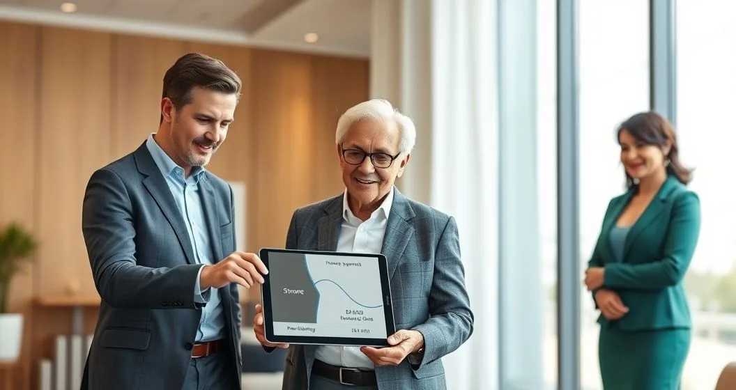 Financial advisor shows a tablet to an older couple while a charity representative stands nearby illustrating split flow of income to beneficiaries and remainder to charity.