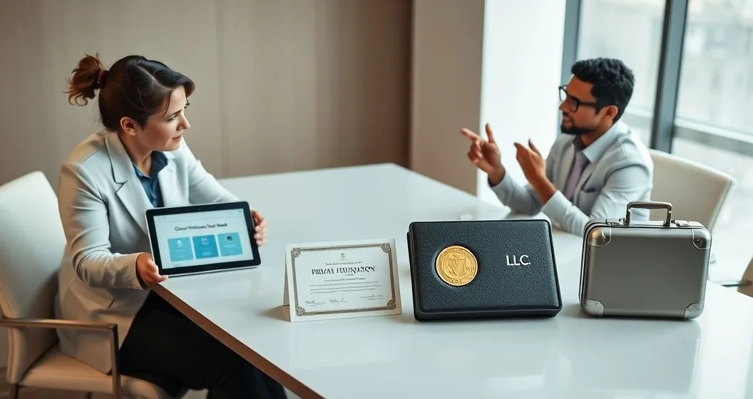 Advisor explains three philanthropic options to two clients at a conference table with a tablet for a donor advised fund a leather certificate for a private foundation and a metal business card with briefcase for an LLC