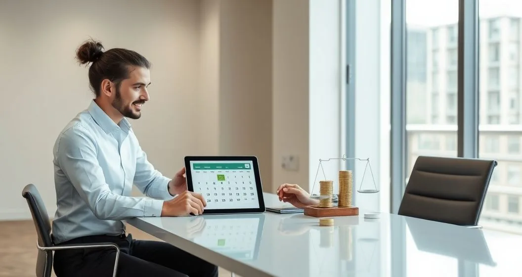 Tax advisor and taxpayer at a modern conference table viewing a tablet with icons for recurring payments and a reduced settlement.