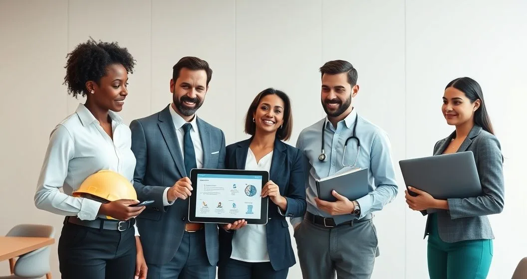 Financial advisor and three workers discussing disability coverage around a conference table with a tablet and job tools