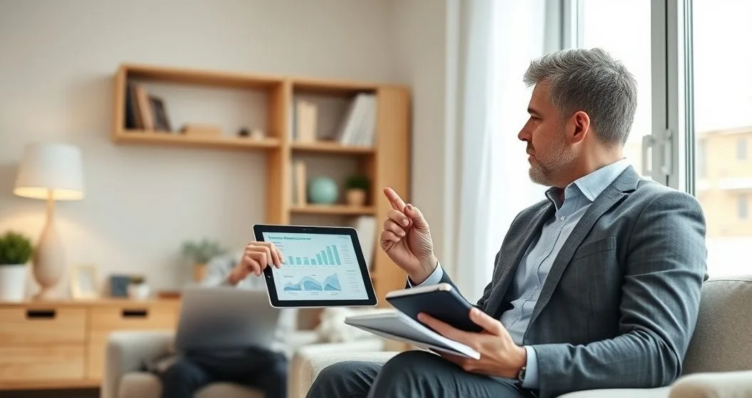 Self employed person and insurance advisor reviewing disability insurance options on a tablet in a modern home office