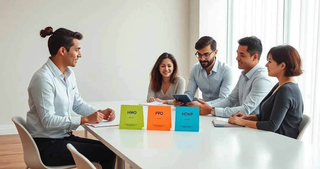Financial advisor and diverse family comparing HMO PPO and HDHP plan cards on a conference table in a modern meeting room