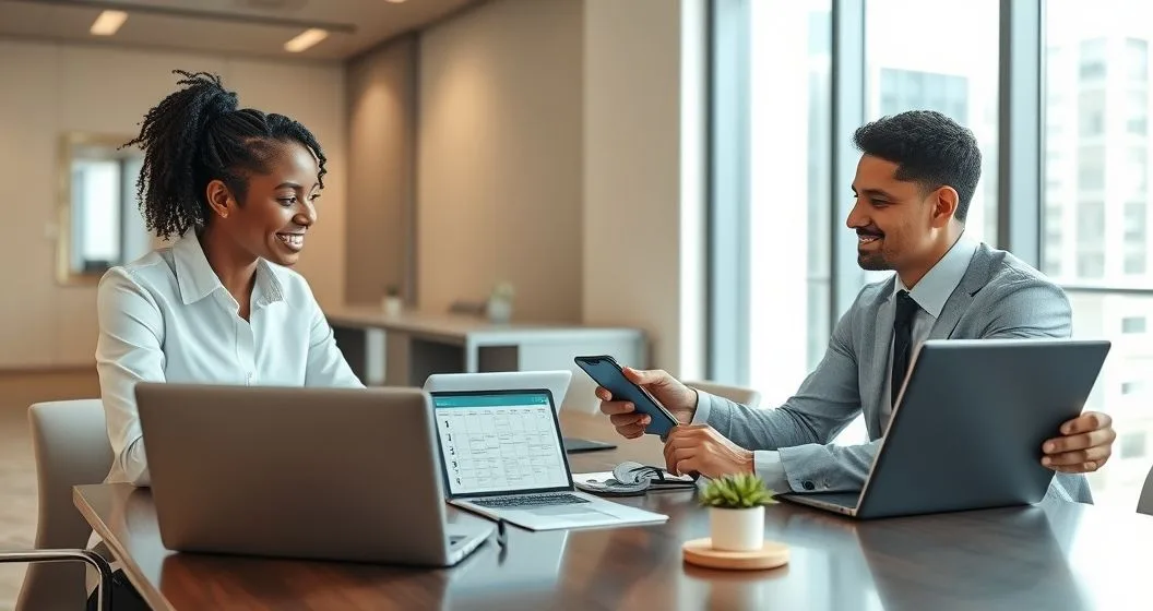 A person and an HR benefits specialist comparing health plan options on a laptop while checking an enrollment date on a smartphone in a modern office.