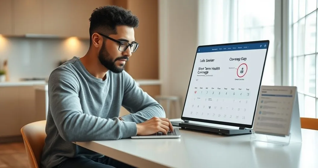 Person reviewing short term health insurance options on a laptop with a remote advisor and a circled gap on a calendar in a bright modern home