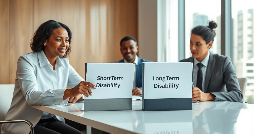 Advisor pointing to two folders labeled Short Term Disability and Long Term Disability while clients listen at a conference table