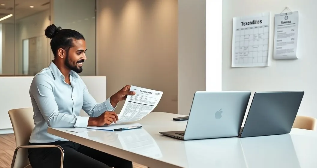 Tax advisor pointing to a printed Form 4868 while clients compare with a laptop showing an electronic extension option in a modern office