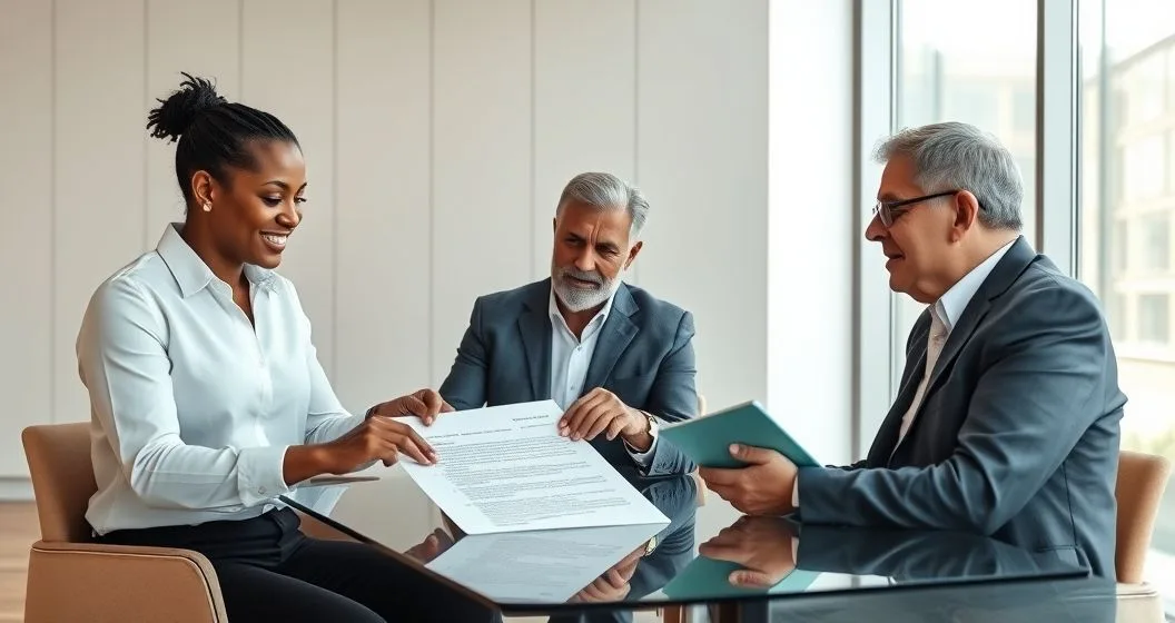 Diverse executor candidate reviewing a will and asset inventory with an estate attorney and financial advisor in a modern conference room