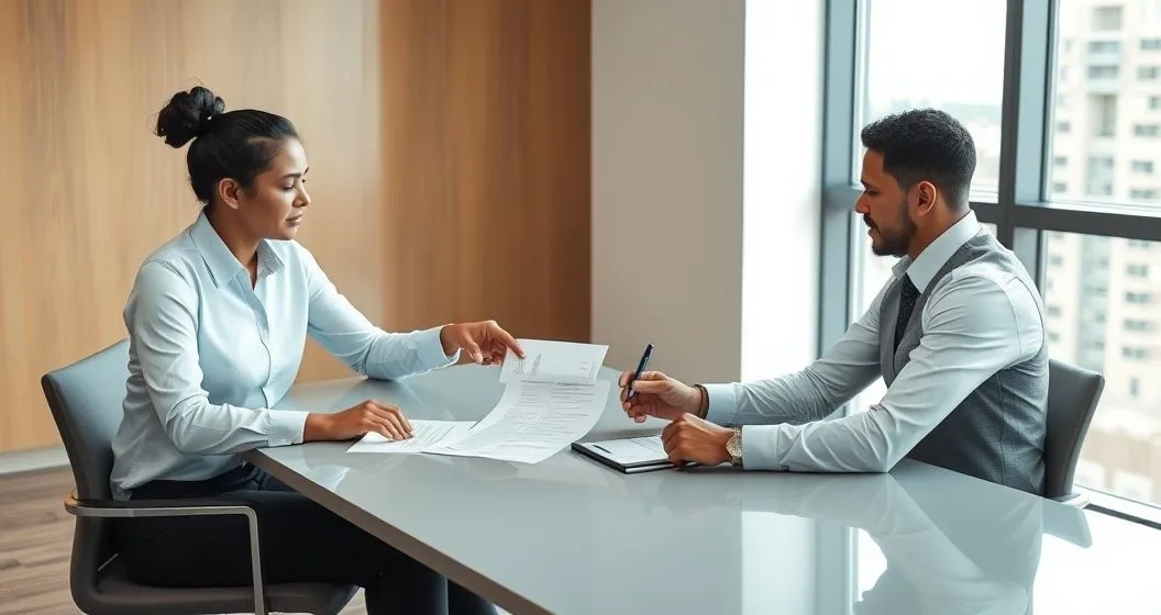 Tax advisor and client at a conference table reviewing documents labeled Form 1040 Form 1040 SR and Form 1040 X
