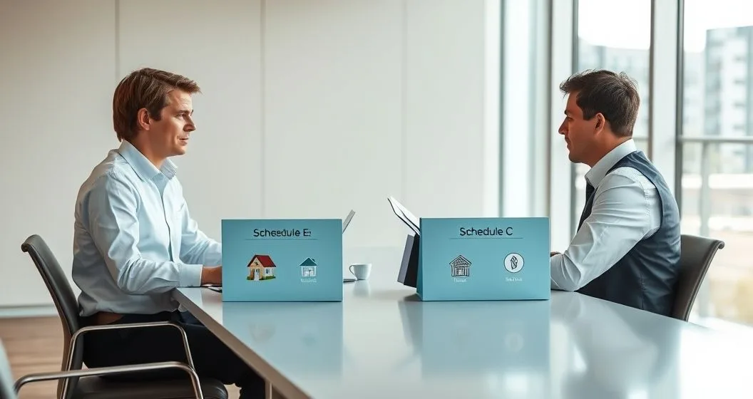 Tax advisor and client comparing two folders labeled Schedule E and Schedule C with small property models showing passive rental versus active short term rental.