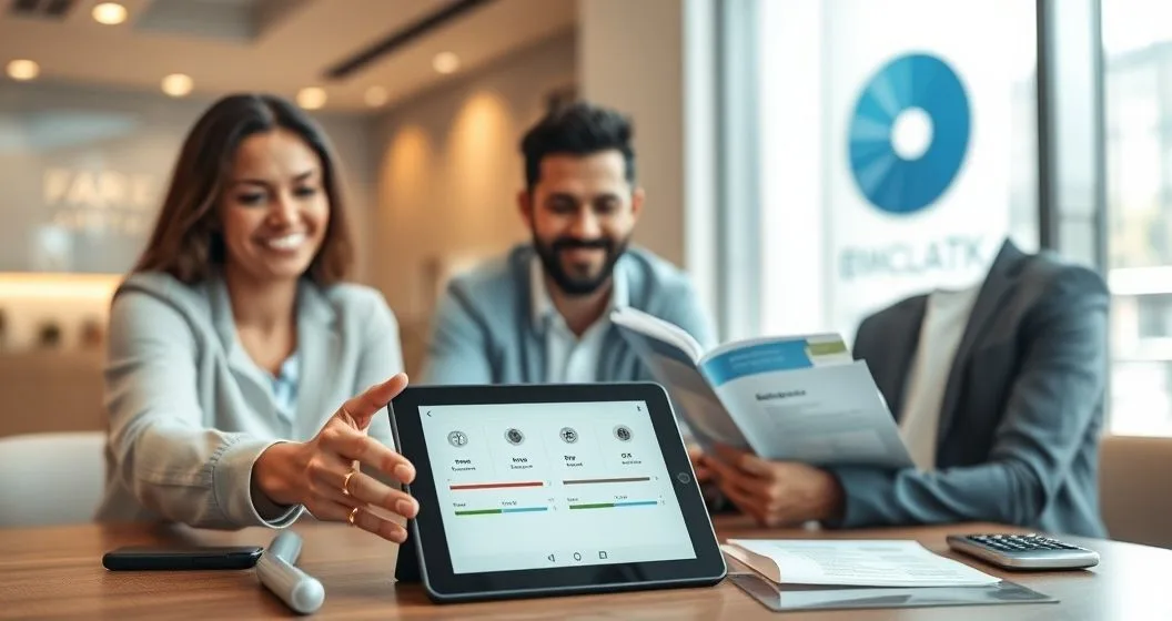 Financial advisor explains checking savings money market and CD using a tablet to a couple in a modern bank office