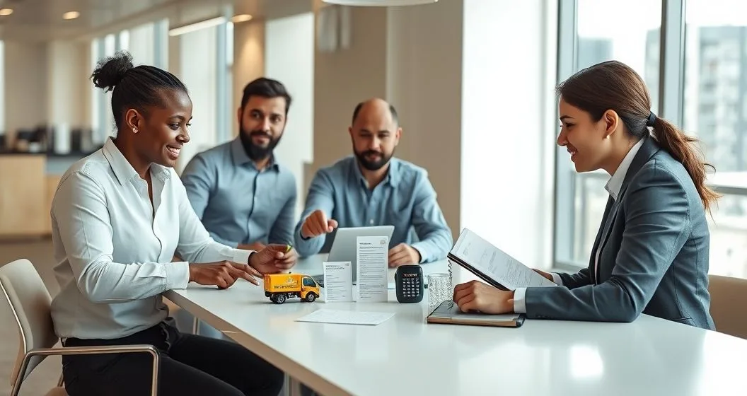 Financial advisor and diverse business owners examining icons representing equipment loan invoices merchant cash terminal calculator on a conference table in a modern office