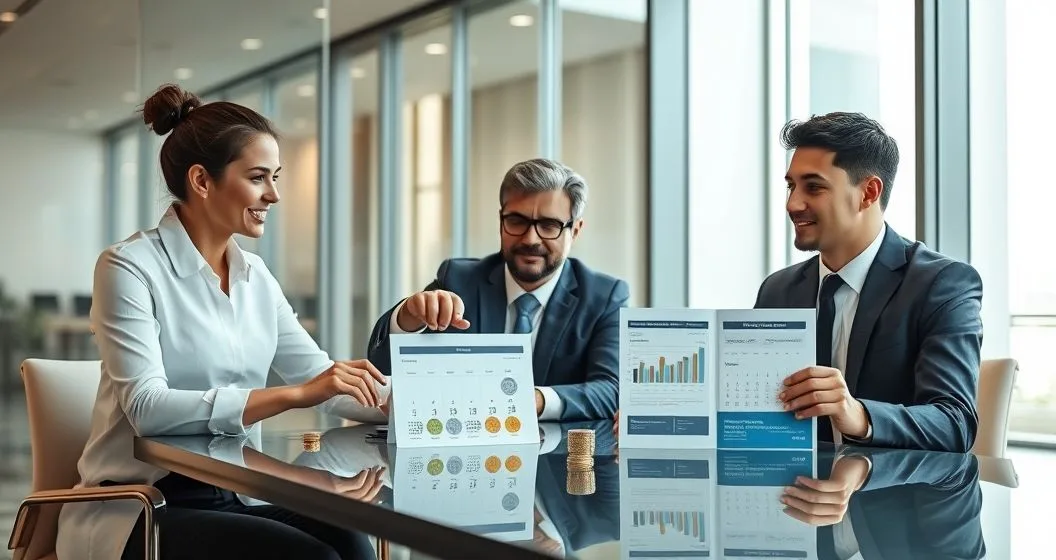 Tax advisor pointing at two visual sets on a conference table showing a small folder with a short calendar and small coins and a larger folder with a longer calendar larger coins and a bank card