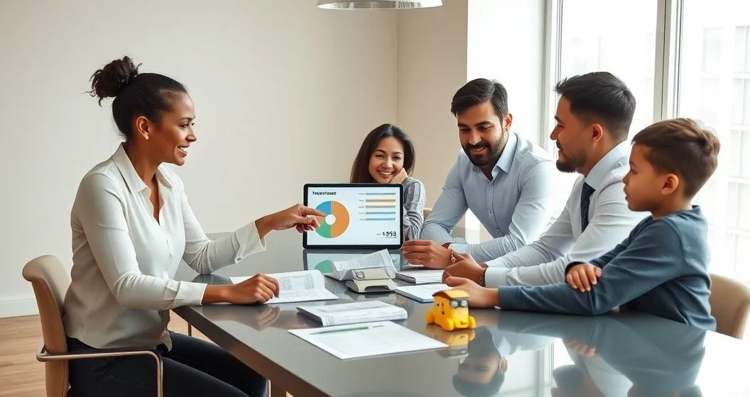 Family with a financial advisor reviewing a tablet and documents about income replacement mortgage and education planning in a modern office.