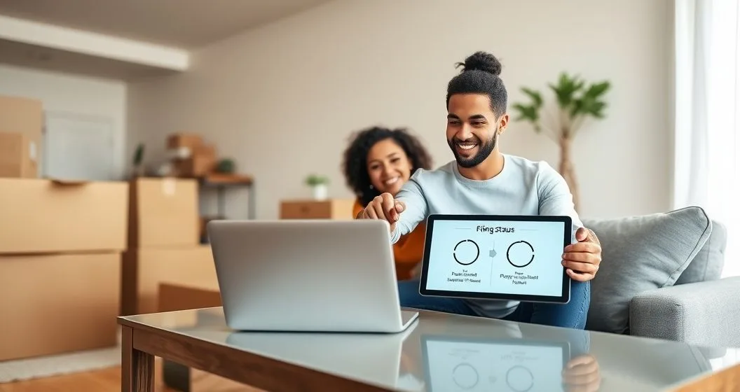 Diverse couple in a modern apartment consulting a remote tax advisor on a laptop while pointing to a tablet showing filing status icons