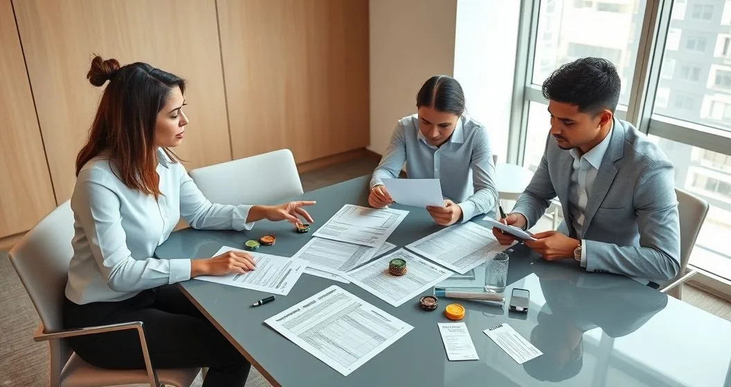 Two tax professionals advising a client over a spread of forms including Form 1099 Schedule C Schedule D and Form W-2G with small items representing art gambling stocks and online sales